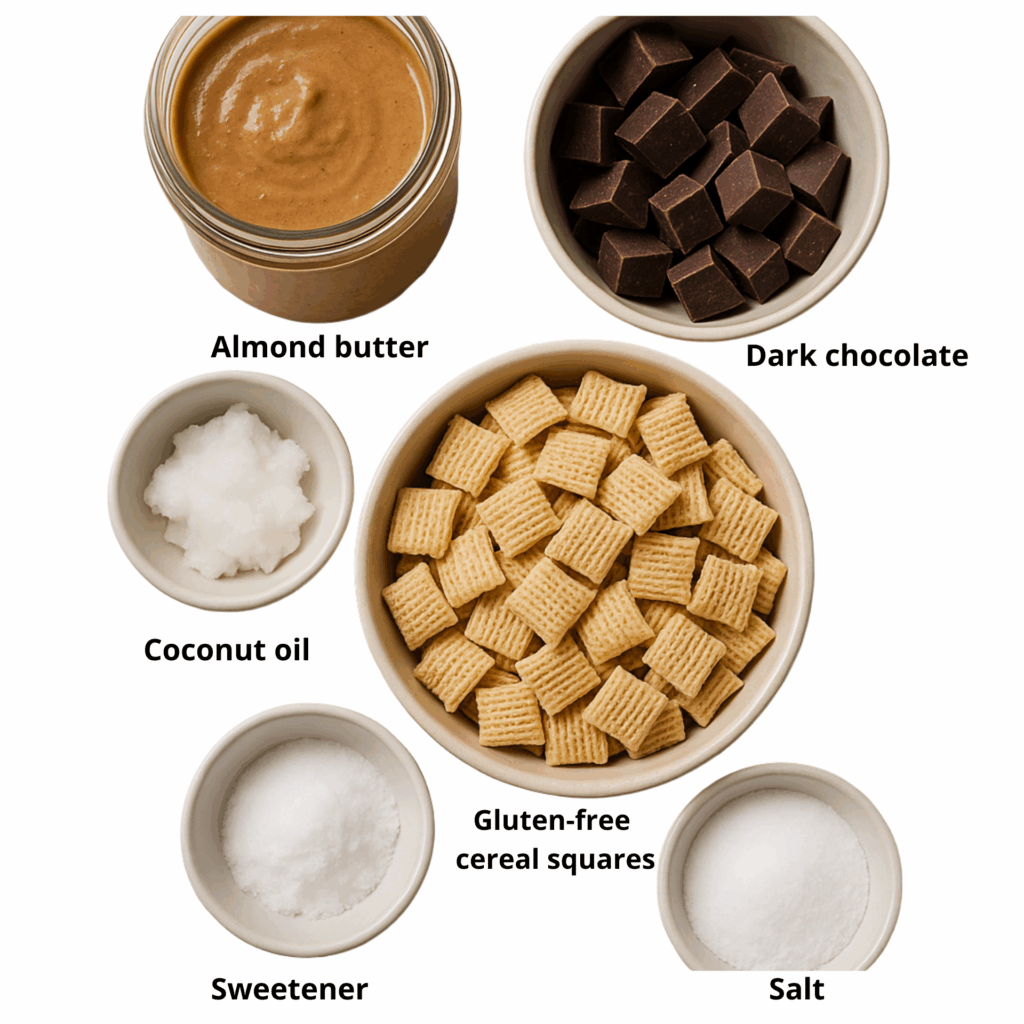 Muddy Buddies Made Healthy – Quick, Crunchy & Guilt-Free Snack 3 Flat lay of clean ingredients for muddy buddies including almond butter, dark chocolate chunks, gluten-free cereal, coconut oil, and monk fruit sweetener