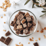 Overhead shot of healthy muddy buddies made with dark chocolate, almond butter, and gluten-free cereal in a rustic glass bowl