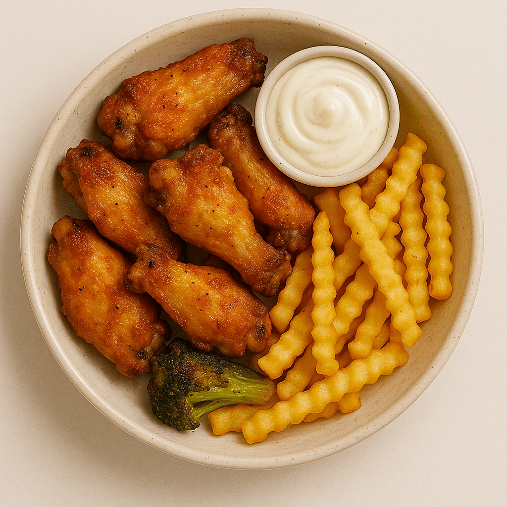 Air-fried chicken wings with crinkle fries, dipping sauce, and a broccoli floret in a bowl.