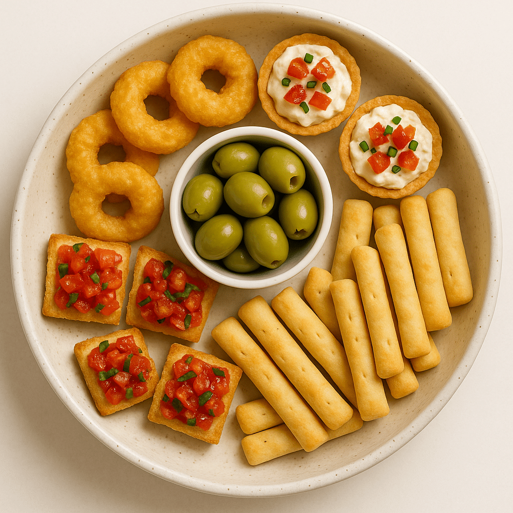 Assorted appetizers in a ceramic bowl, including olives, tartlets, breadsticks, bruschetta, and fried rings