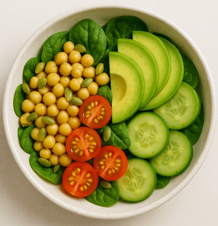 Fresh salad bowl with avocado, cherry tomatoes, chickpeas, cucumber, and spinach leaves