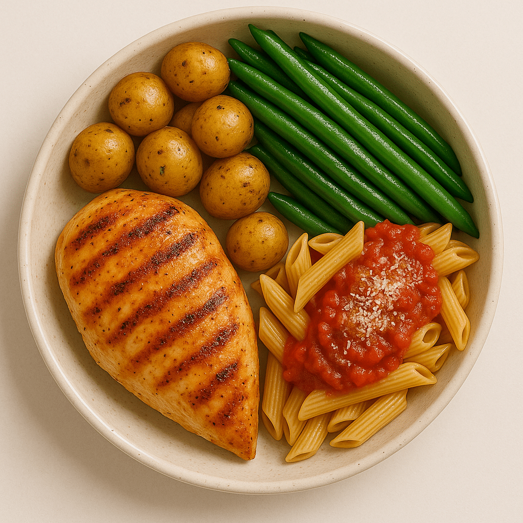 Balanced dinner plate with grilled chicken breast, baby potatoes, green beans, and pasta with tomato sauce.