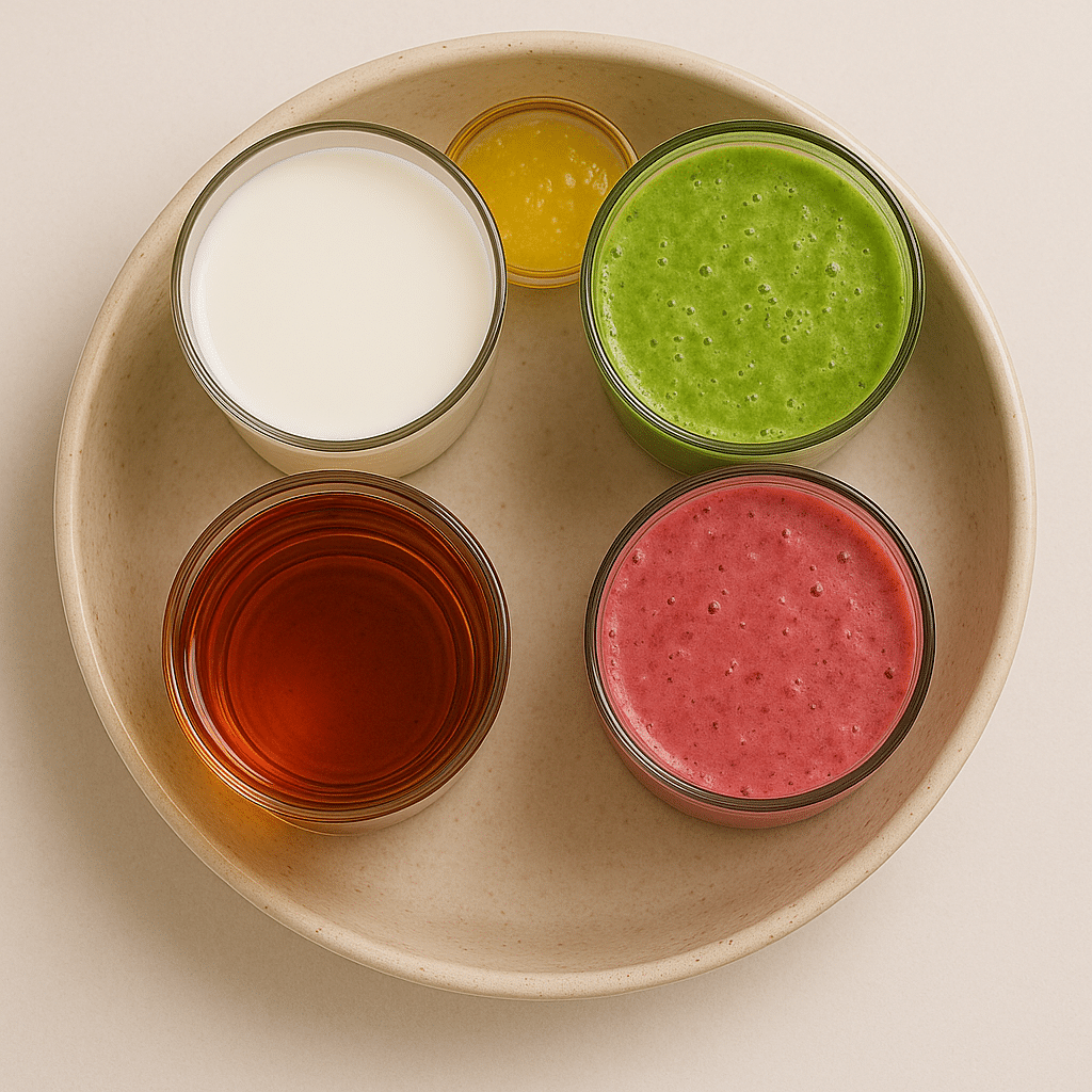A bowl containing glasses of colorful drinks and smoothies including green, red, orange, white, and amber liquids.