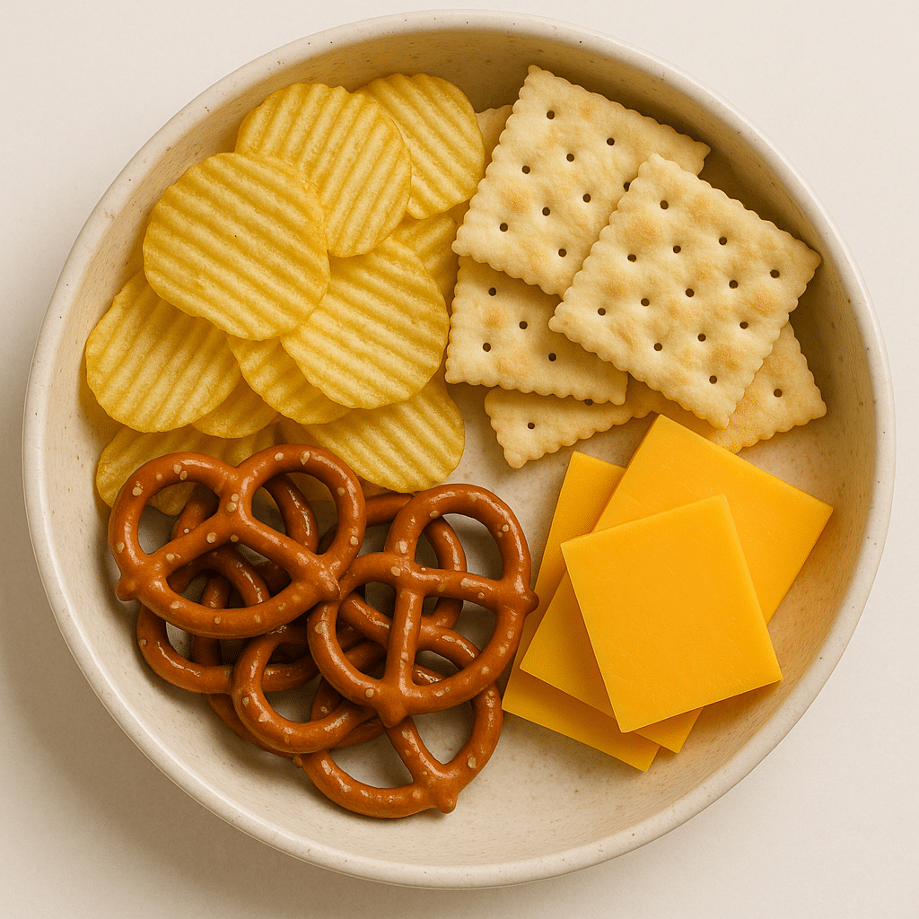 Snack platter with pretzels, cheddar cheese slices, potato chips, and saltine crackers in a ceramic bowl.