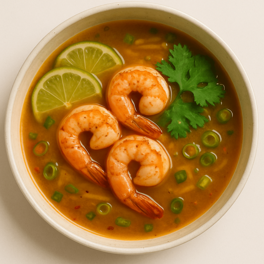 Shrimp soup with lime slices, cilantro, and chopped green onions in a round ceramic bowl