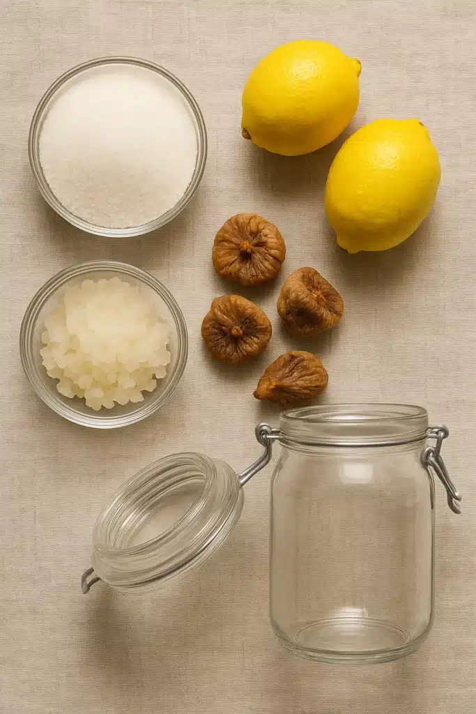 Flat lay of water kefir ingredients including lemons, sugar, kefir grains, dried figs, and a glass jar on a neutral linen background.