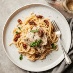 Plate of creamy Marry Me Chicken Pasta with sun-dried tomatoes, Parmesan, and basil in a rustic bowl