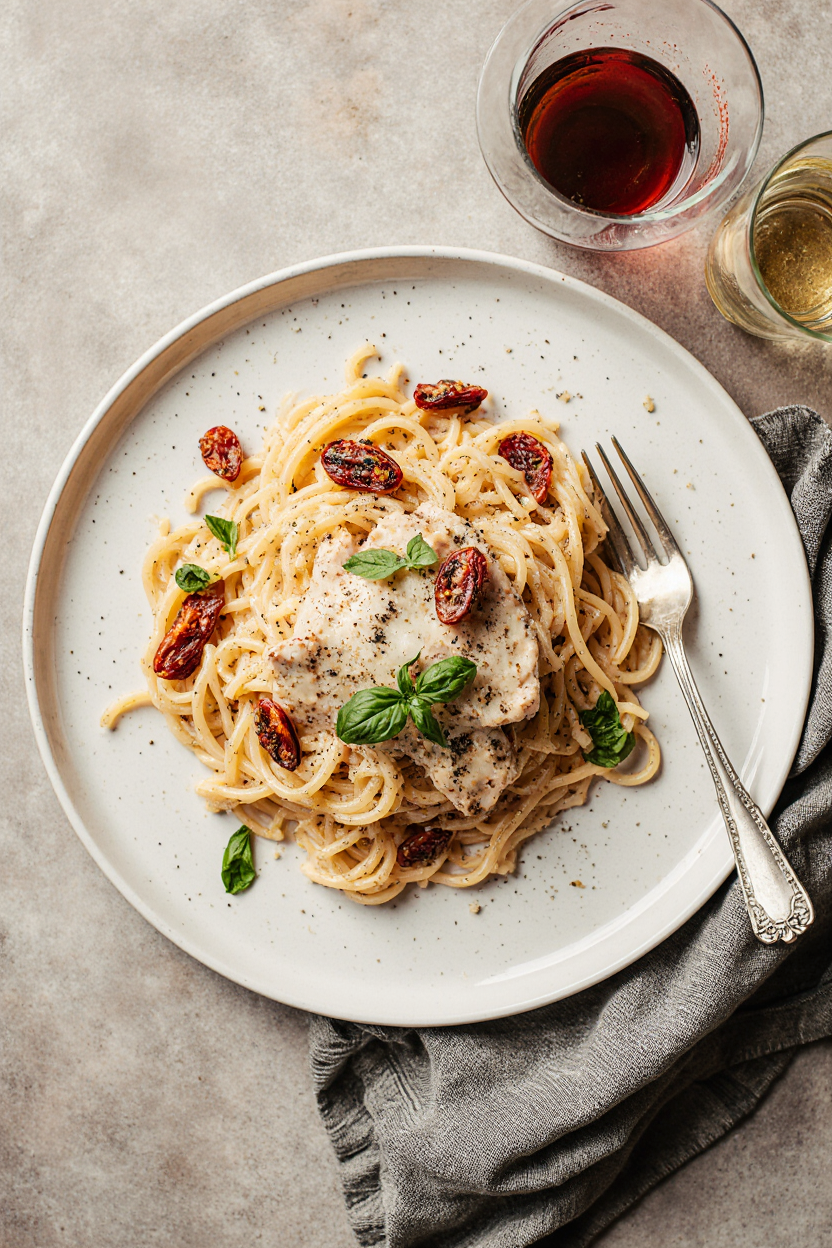 Plate of creamy Marry Me Chicken Pasta with sun-dried tomatoes, Parmesan, and basil in a rustic bowl