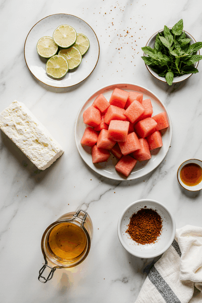 Ingredients for Spicy watermelon salad with feta and hot honey