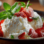 Cottage cheese ice cream in a rustic bowl with strawberries