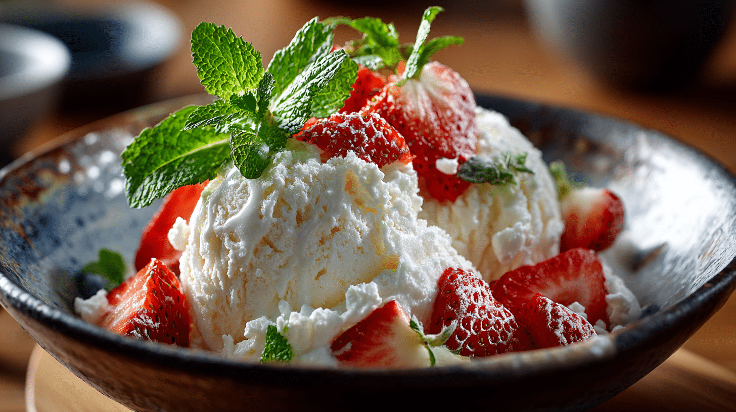 Cottage cheese ice cream in a rustic bowl with strawberries
