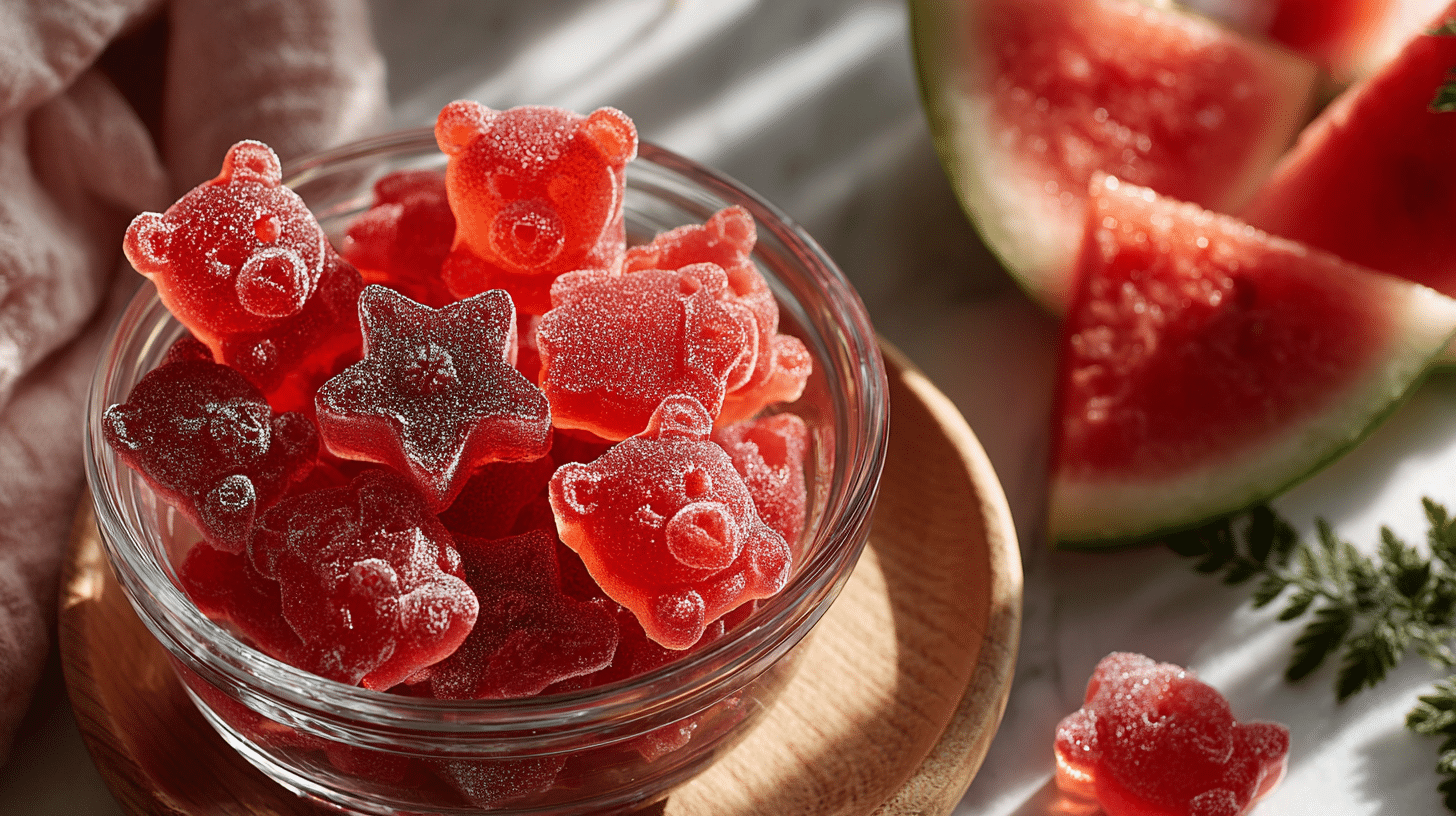 Healthy watermelon gummies in a bowl