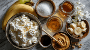 Cottage Cheese Ice Cream: Delicious TikTok Trend You Need To Try | Healthy And High-Protein 8 Ingredients for cottage cheese ice cream laid out on a table