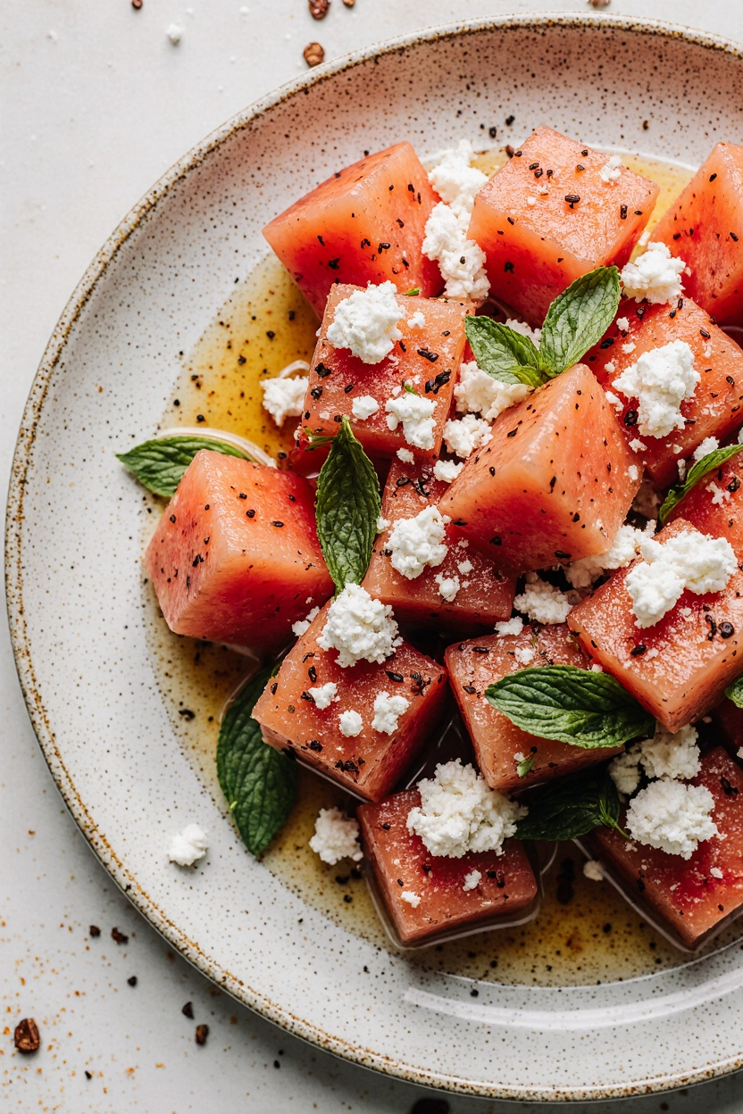 Spicy watermelon salad with feta and hot honey